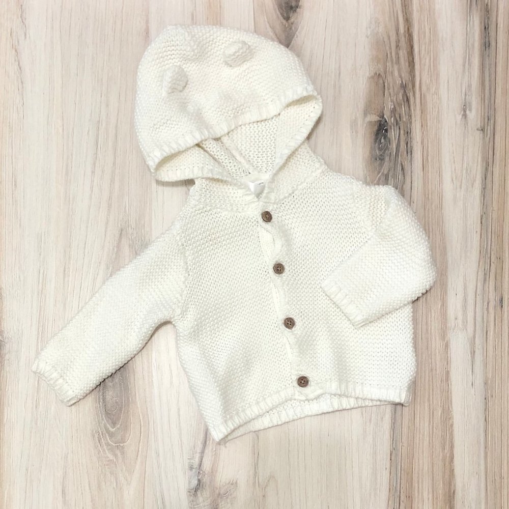 Baby hooded white knit sweater - size 3 mo